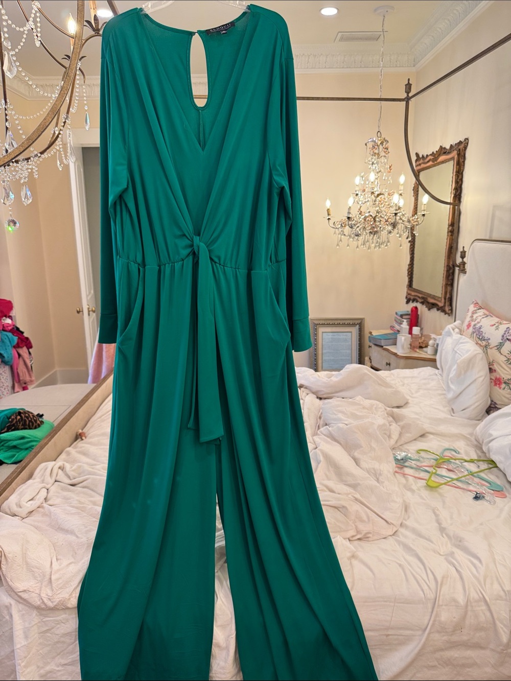 Eloquii Women's Emerald Green Wide-Leg Jumpsuit with Tie Front